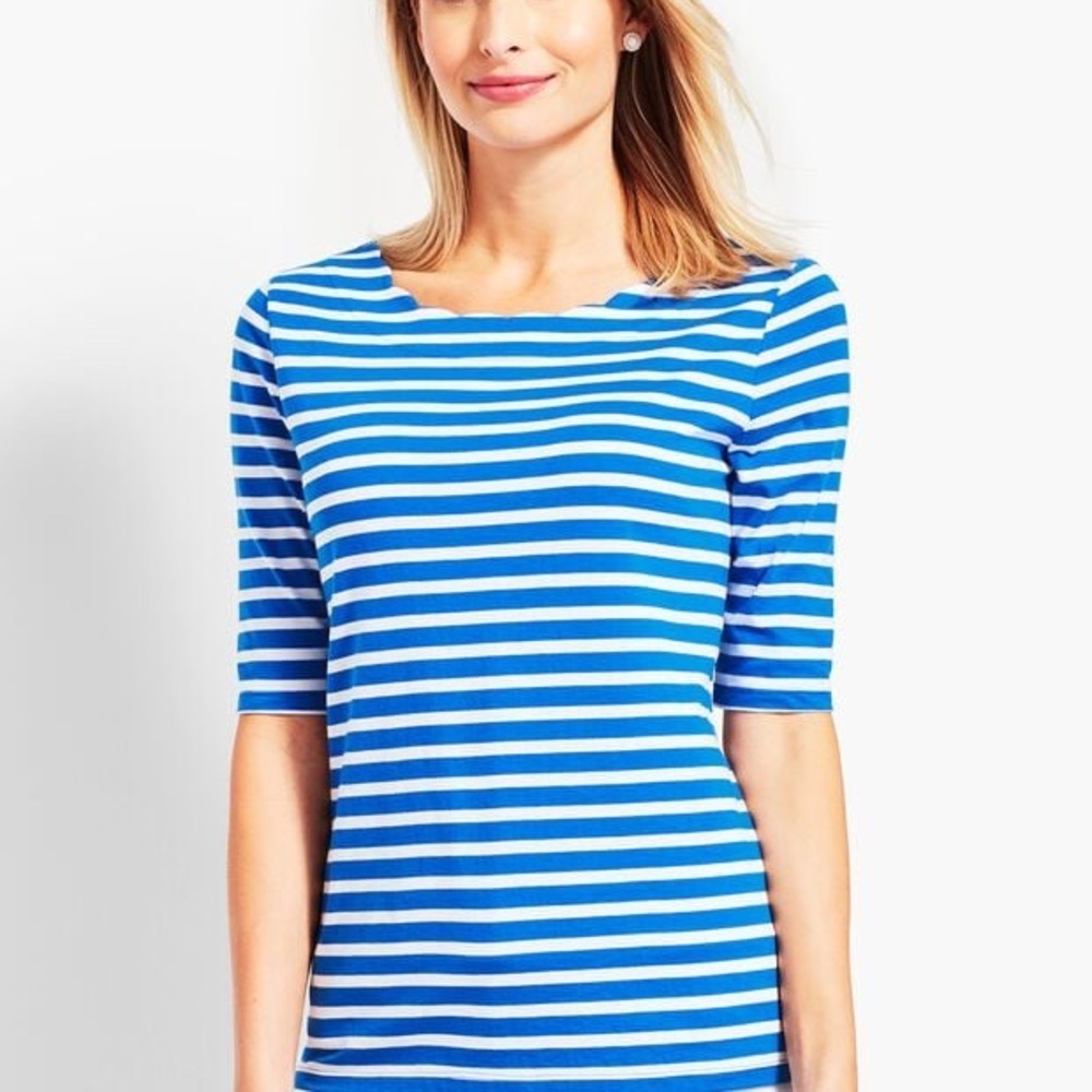 Talbots Blue and White Franklin Scallop Neck Tee 100% Pima Cotton